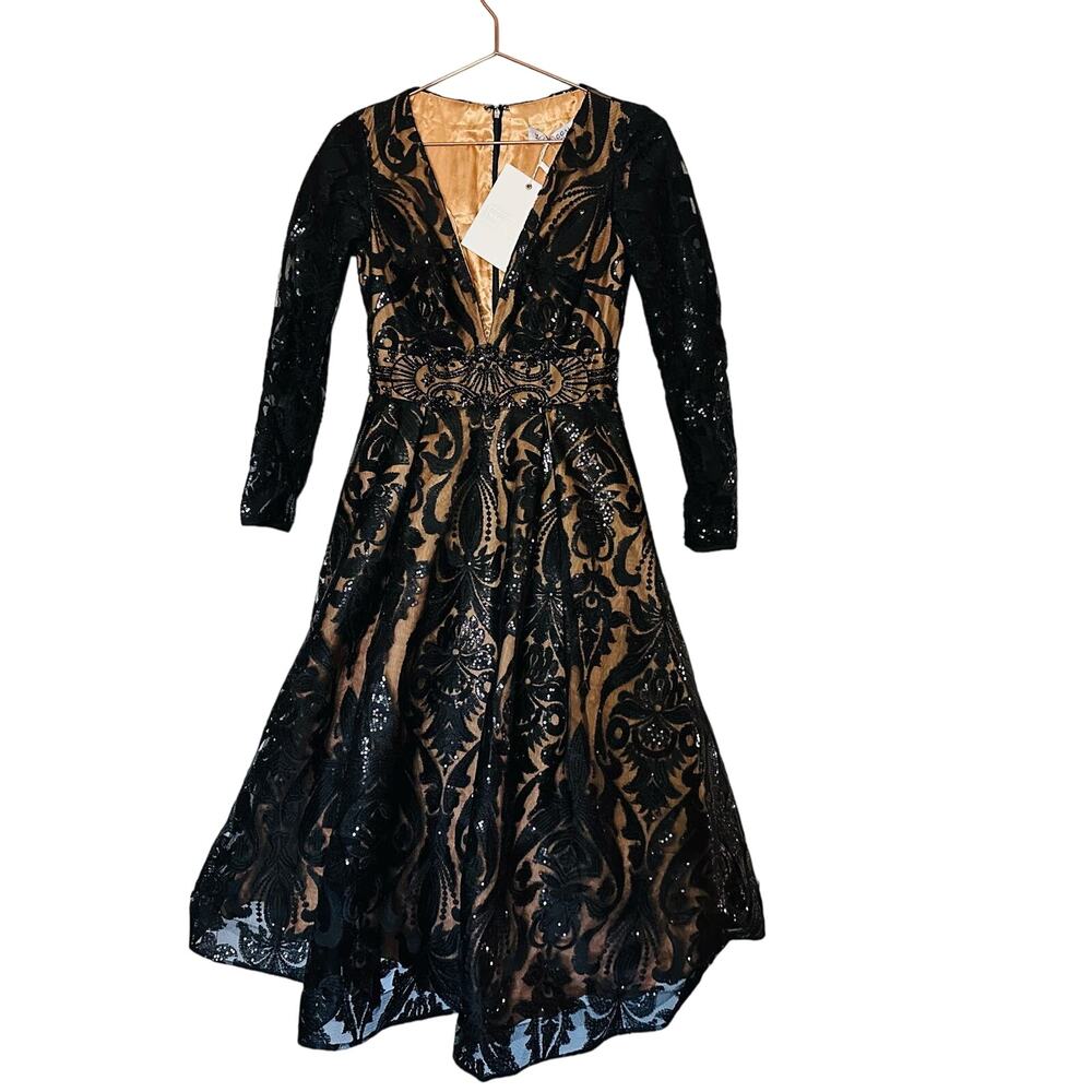 MAC DUGGAL Black Nude Sequin Lace Burnout Embellished A-Line Dress Size 4 NWT - Picture 4 of 16
